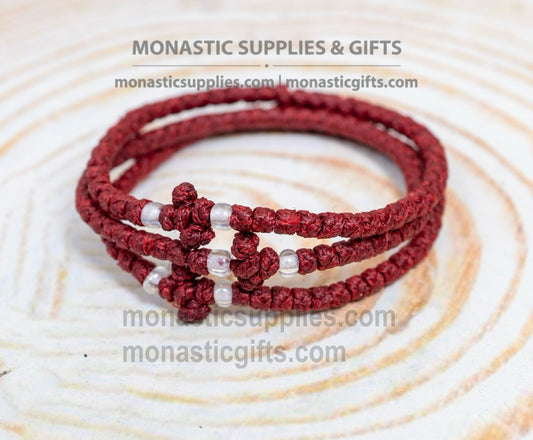 Prayer rope komboskini bracelet 1 piece with 50 knots knotted cross and clear beads in burgundy red waxed cord orthodox made in Greece