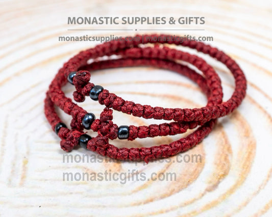 Prayer rope komboskini bracelet 1 piece with 50 knots knotted cross and black beads in burgundy red waxed cord orthodox made in Greece