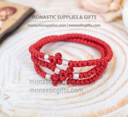 Prayer rope komboskini bracelet 1 piece with 50 knots knotted cross and clear beads in red waxed cord orthodox made in Greece