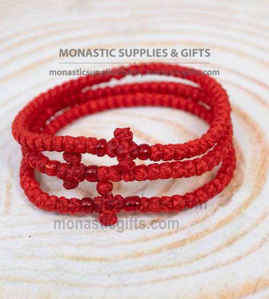 Prayer rope komboskini bracelet 1 piece with 50 knots knotted cross and red beads in red waxed cord orthodox made in Greece
