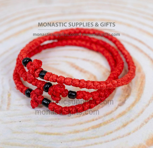 Prayer rope komboskini bracelet 1 piece with 50 knots knotted cross and black beads in red waxed cord orthodox made in Greece