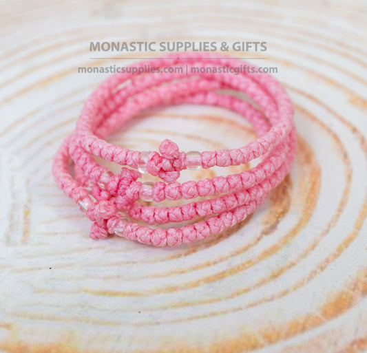 Prayer rope komboskini bracelet 1 piece with 50 knots knotted cross and clear beads in baby pink waxed cord orthodox made in Greece