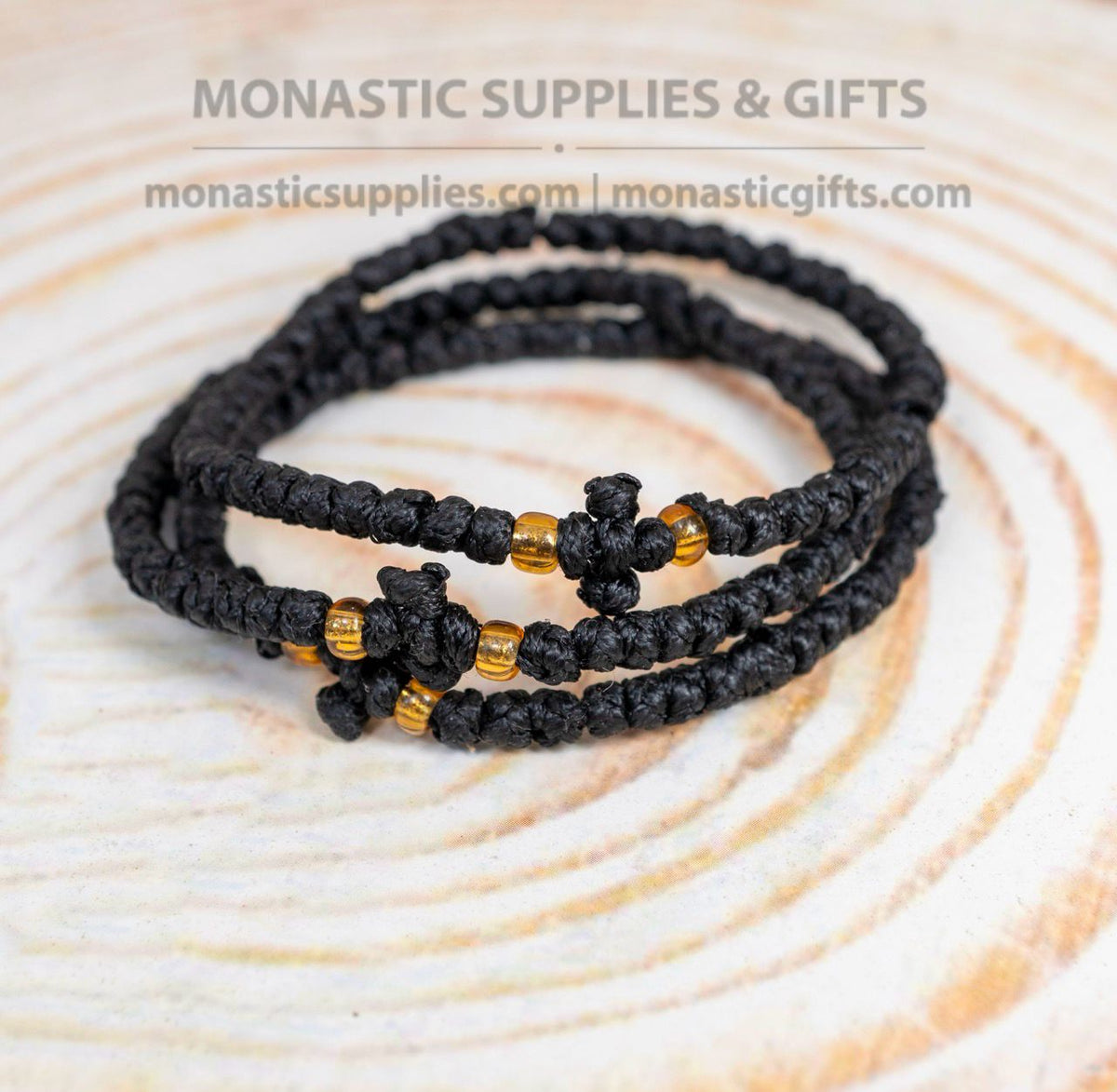 Prayer rope komboskini bracelet 1 piece with 50 knots knotted cross and amber beads in black waxed cord orthodox made in Greece