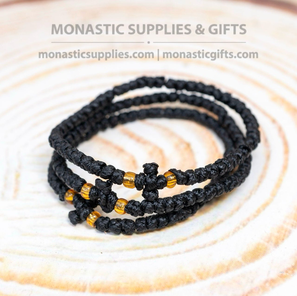 Prayer rope komboskini bracelet 1 piece with 50 knots knotted cross and amber beads in black waxed cord orthodox made in Greece