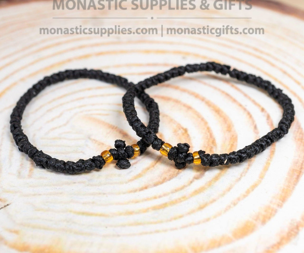 Prayer rope komboskini bracelet 1 piece with 50 knots knotted cross and amber beads in black waxed cord orthodox made in Greece