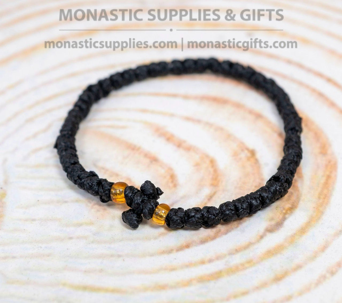 Prayer rope komboskini bracelet 1 piece with 50 knots knotted cross and amber beads in black waxed cord orthodox made in Greece