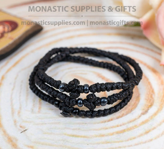 Komboskini -Prayer Rope ,1 pcs Black waxed thin with Stone beads,Orthodox Gift
