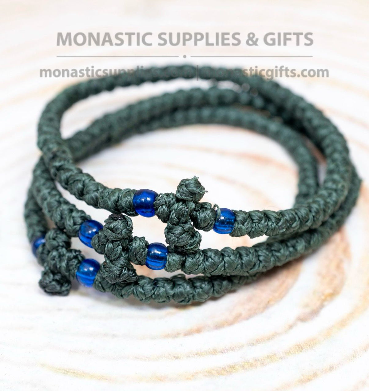 Prayer rope komboskini bracelet 1 piece with 50 knots knotted cross and blue beads in dark green waxed cord orthodox made in Greece