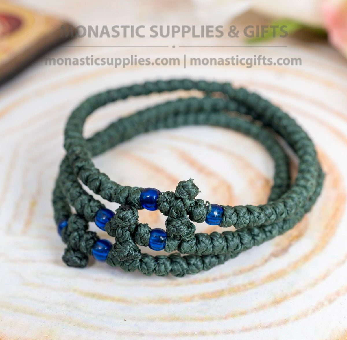 Prayer rope komboskini bracelet 1 piece with 50 knots knotted cross and blue beads in dark green waxed cord orthodox made in Greece