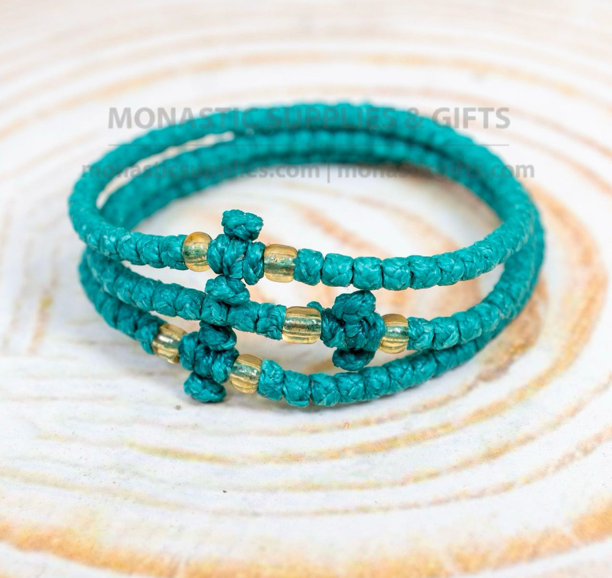 Prayer rope komboskini bracelet 1 piece with 50 knots knotted cross and amber beads in deep teal waxed cord orthodox made in Greece