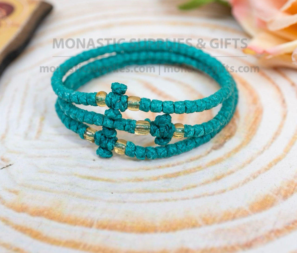 Prayer rope komboskini bracelet 1 piece with 50 knots knotted cross and amber beads in deep teal waxed cord orthodox made in Greece