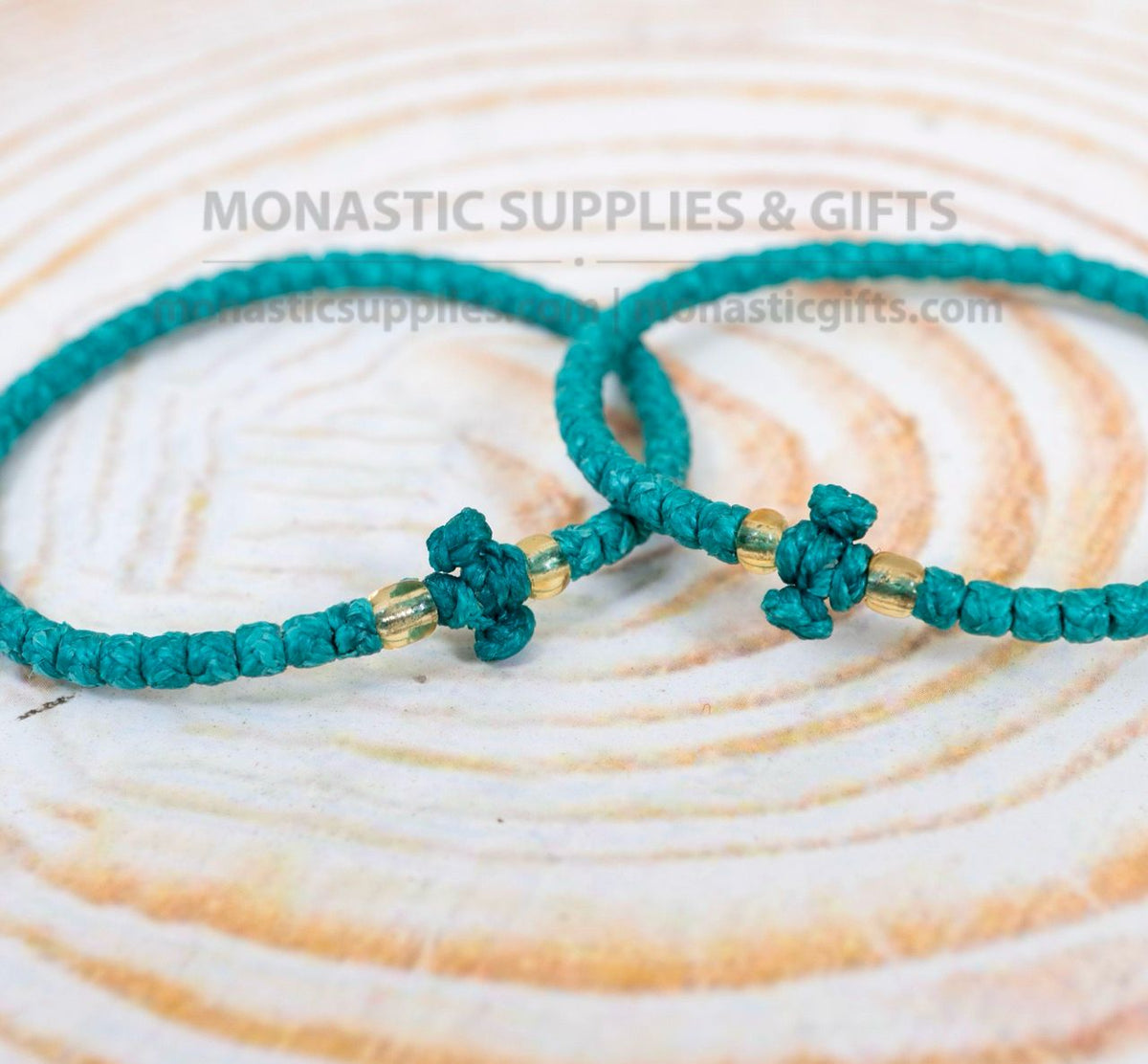 Prayer Rope Komboskini Bracelet with Knotted Cross and Amber Beads in Deep Teal - Orthodox - Waxed Cord - 50 Knots - 1 Piece
