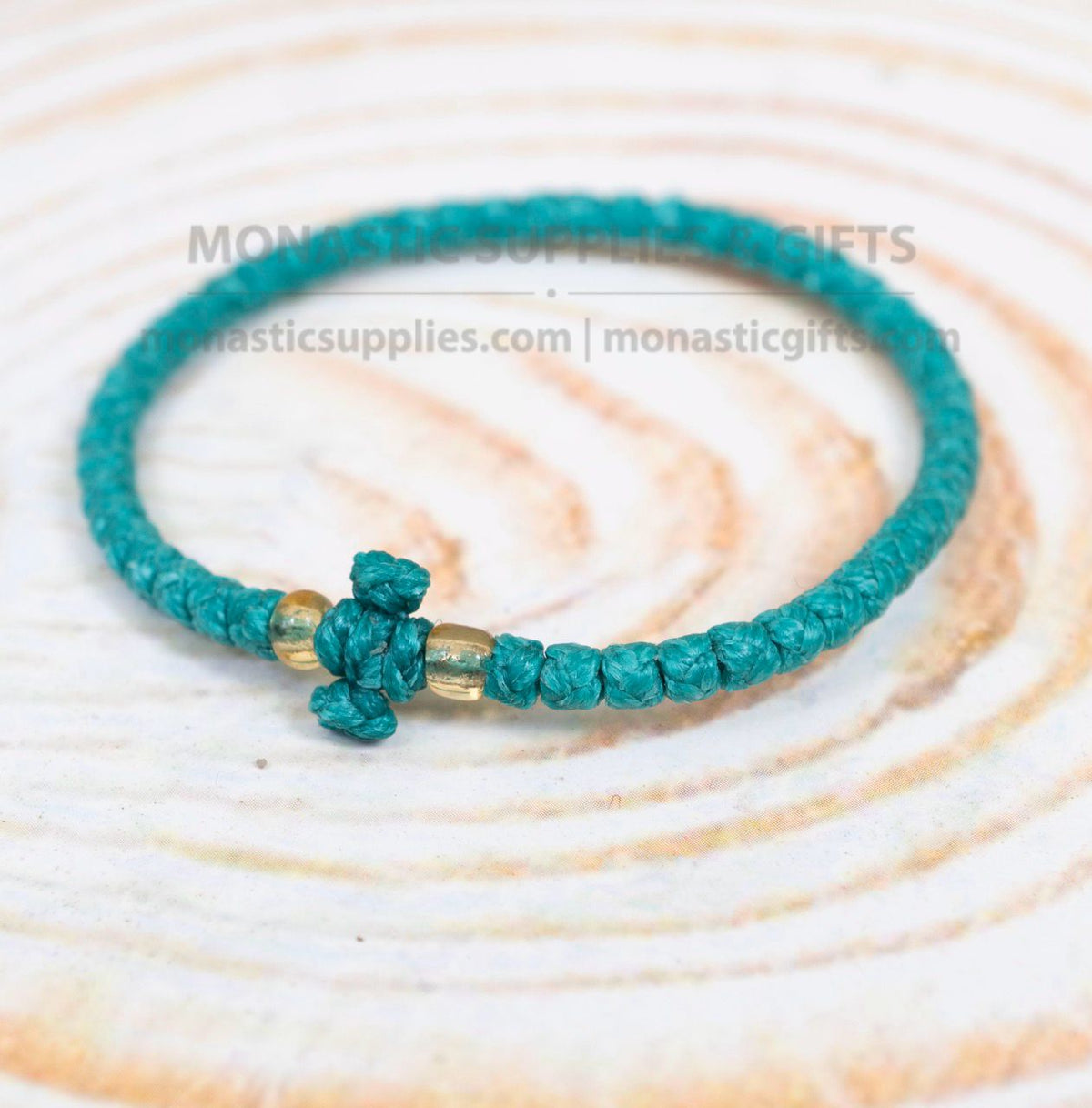 Prayer Rope Komboskini Bracelet with Knotted Cross and Amber Beads in Deep Teal - Orthodox - Waxed Cord - 50 Knots - 1 Piece