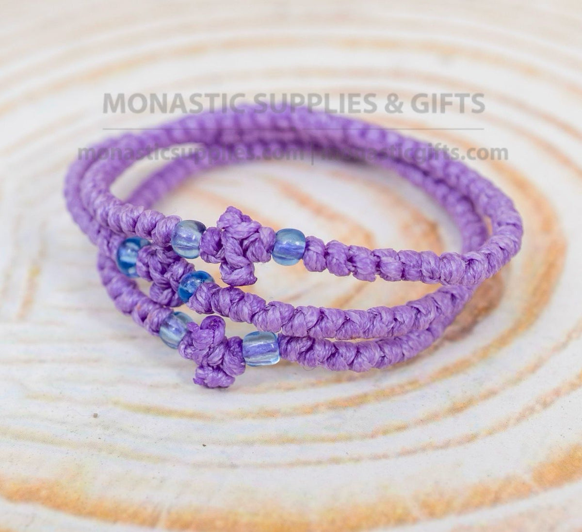 Prayer rope komboskini bracelet 1 piece with 50 knots knotted cross and light blue beads in lilac purple waxed cord orthodox made in Greece