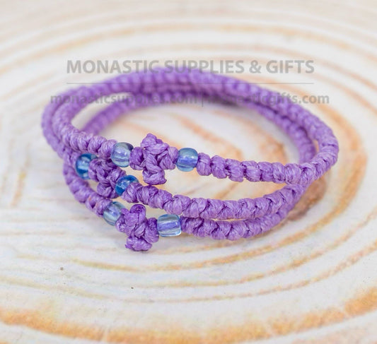 Prayer rope komboskini bracelet 1 piece with 50 knots knotted cross and light blue beads in lilac purple waxed cord orthodox made in Greece