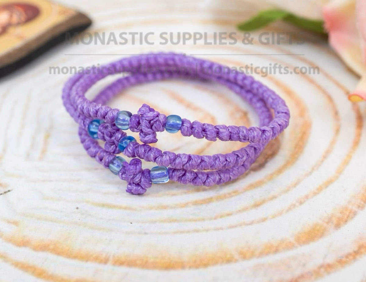 Prayer rope komboskini bracelet 1 piece with 50 knots knotted cross and light blue beads in lilac purple waxed cord orthodox made in Greece