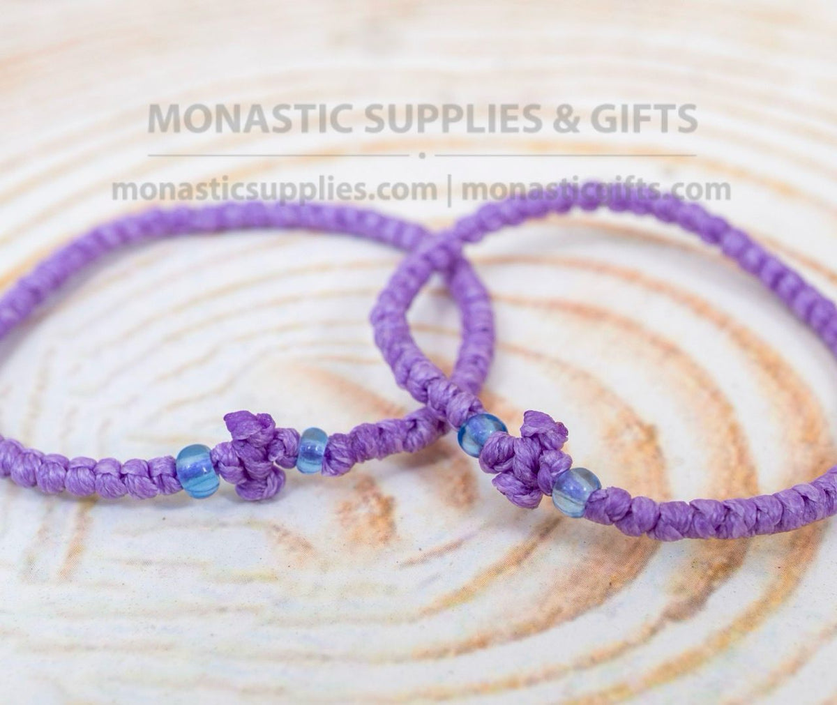 Prayer Rope Komboskini Bracelet with Knotted Cross and Light Blue Beads in Lilac Purple - Orthodox - Waxed Cord - 50 Knots - 1 Piece