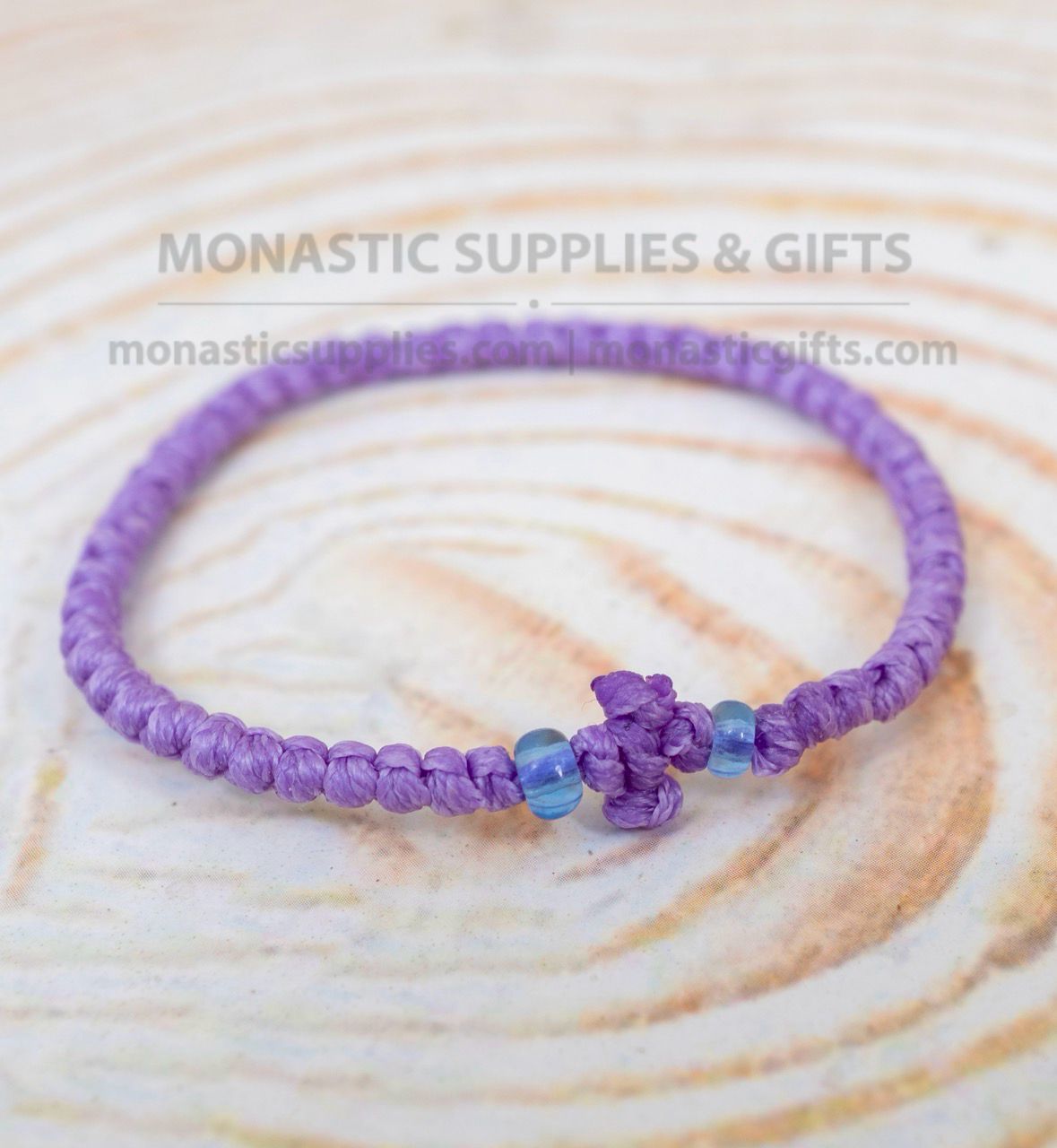 Prayer Rope Komboskini Bracelet with Knotted Cross and Light Blue Beads in Lilac Purple - Orthodox - Waxed Cord - 50 Knots - 1 Piece