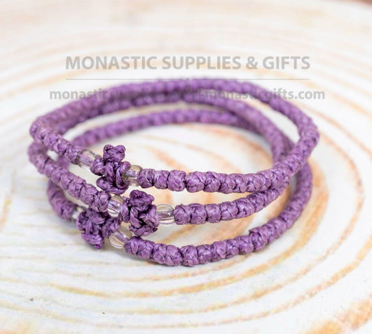 Prayer rope komboskini bracelet 1 piece with 50 knots knotted cross and clear beads in lilac purple waxed cord orthodox made in Greece