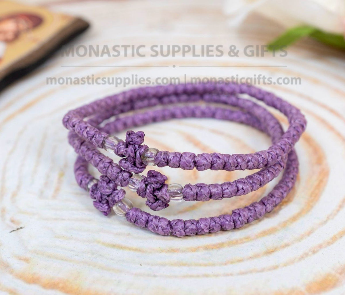 Prayer rope komboskini bracelet 1 piece with 50 knots knotted cross and clear beads in lilac purple waxed cord orthodox made in Greece