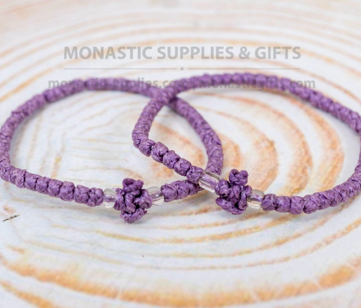Prayer Rope Komboskini Bracelet with Knotted Cross and Clear Beads in Lilac Purple - Orthodox - Waxed Cord - 50 Knots - 1 Piece