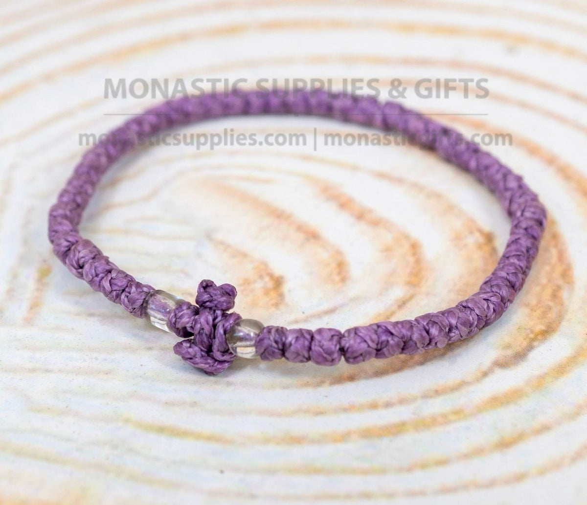Prayer Rope Komboskini Bracelet with Knotted Cross and Clear Beads in Lilac Purple - Orthodox - Waxed Cord - 50 Knots - 1 Piece