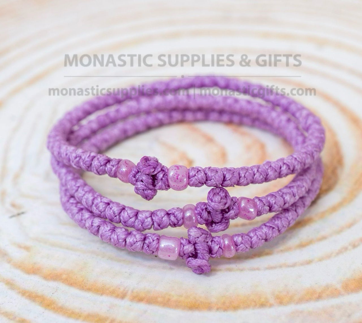 Prayer rope komboskini bracelet 1 piece with 50 knots knotted cross and shimmer beads in lilac purple waxed cord orthodox made in Greece