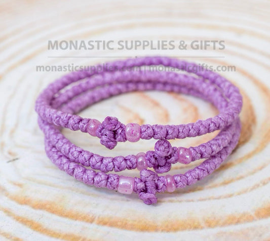 Prayer rope komboskini bracelet 1 piece with 50 knots knotted cross and shimmer beads in lilac purple waxed cord orthodox made in Greece
