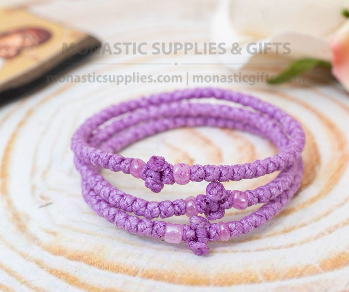 Prayer rope komboskini bracelet 1 piece with 50 knots knotted cross and shimmer beads in lilac purple waxed cord orthodox made in Greece