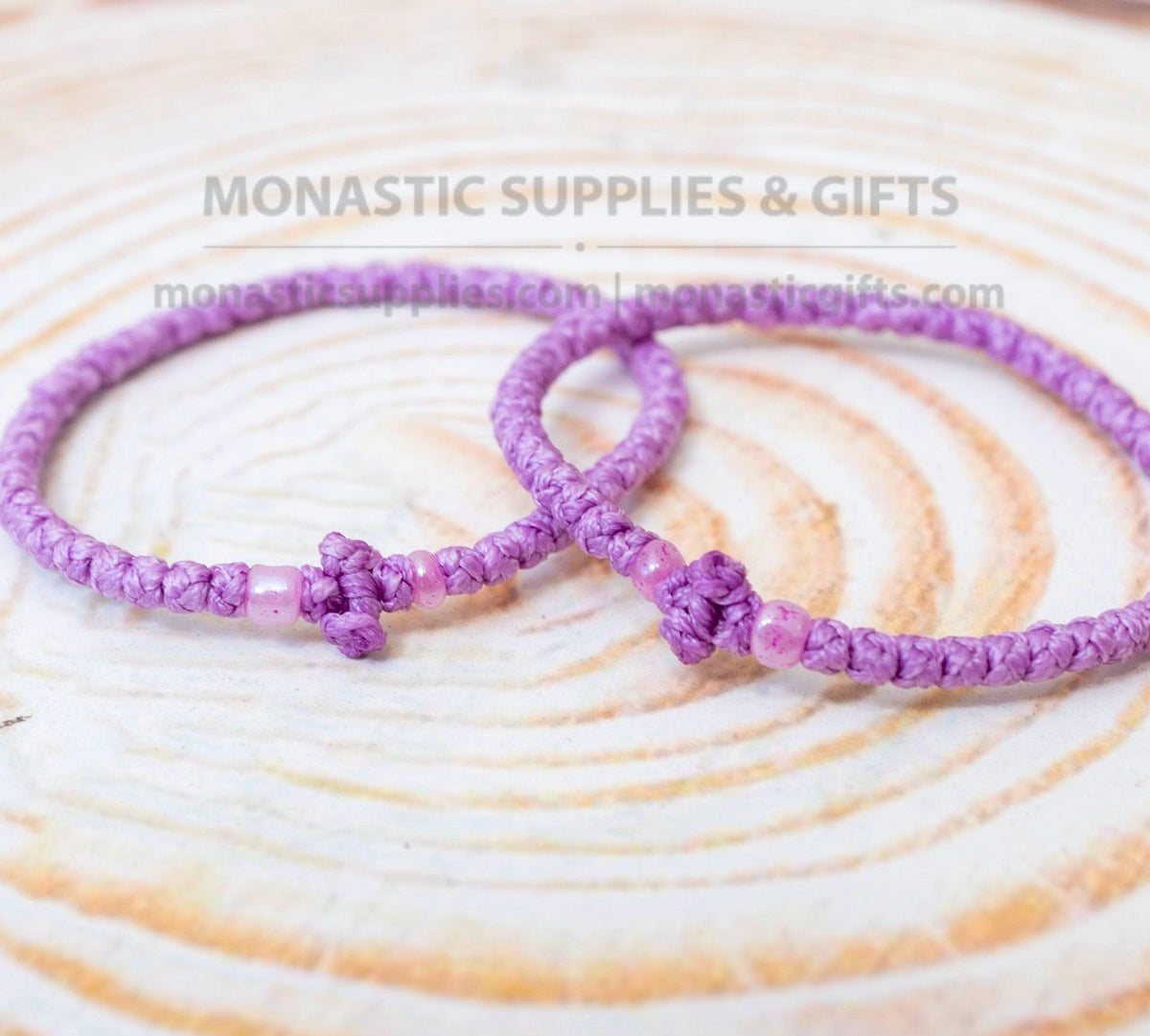 Prayer Rope Komboskini Bracelet with Knotted Cross and Shimmer Beads in Lilac Purple - Orthodox - Waxed Cord - 50 Knots - 1 Piece