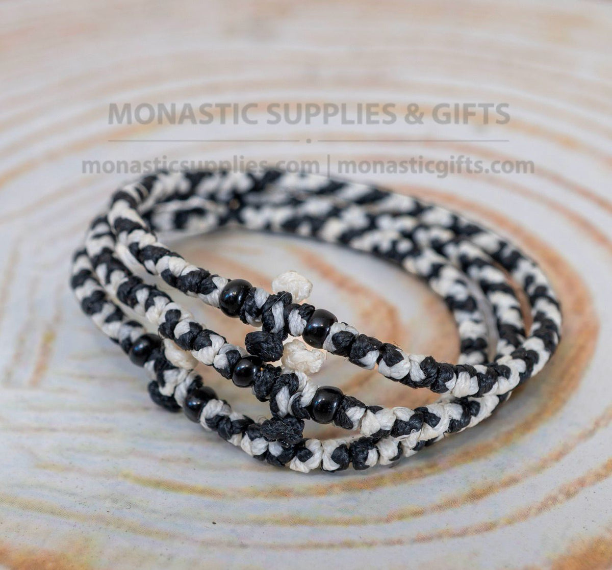 Prayer rope komboskini bracelet 1 piece with 50 knots knotted cross and black beads in black and white waxed cord orthodox made in Greece