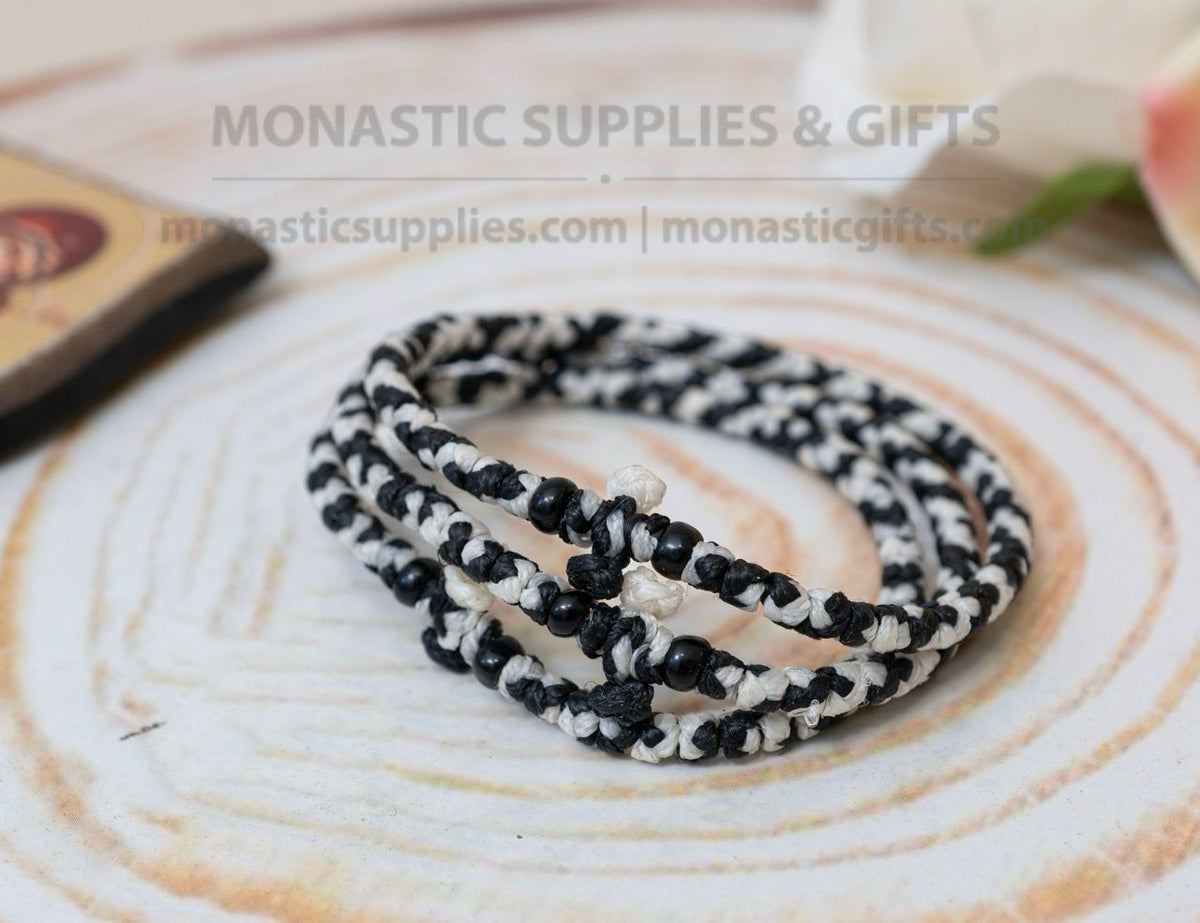 Prayer rope komboskini bracelet 1 piece with 50 knots knotted cross and black beads in black and white waxed cord orthodox made in Greece