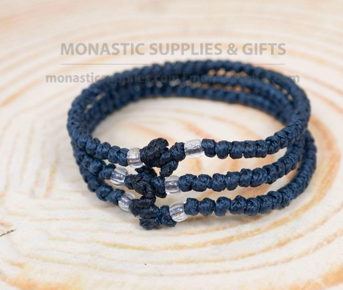 Prayer rope komboskini bracelet 1 piece with 50 knots knotted cross and clear beads in navy blue waxed cord orthodox made in Greece