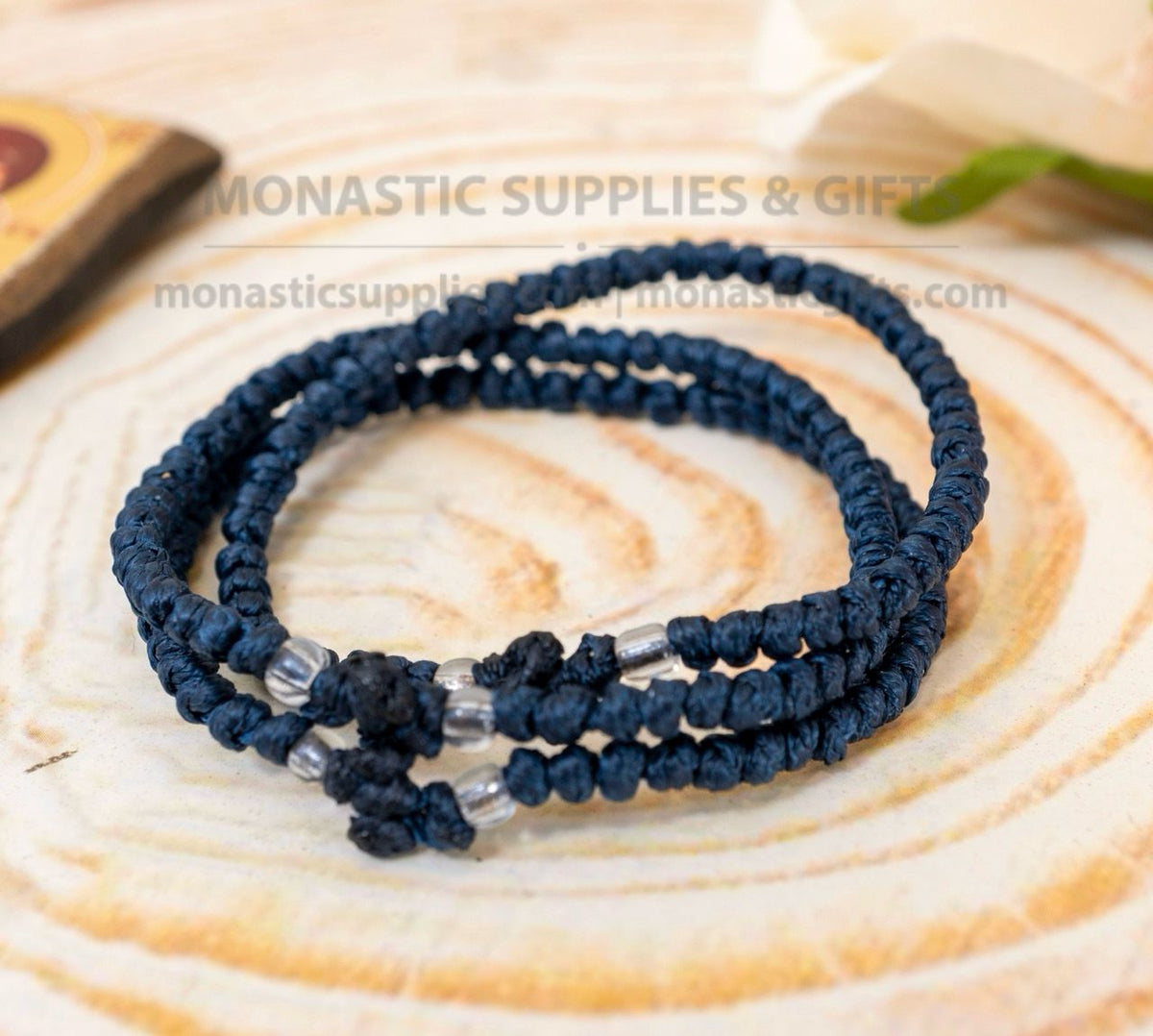 Prayer rope komboskini bracelet 1 piece with 50 knots knotted cross and clear beads in navy blue waxed cord orthodox made in Greece