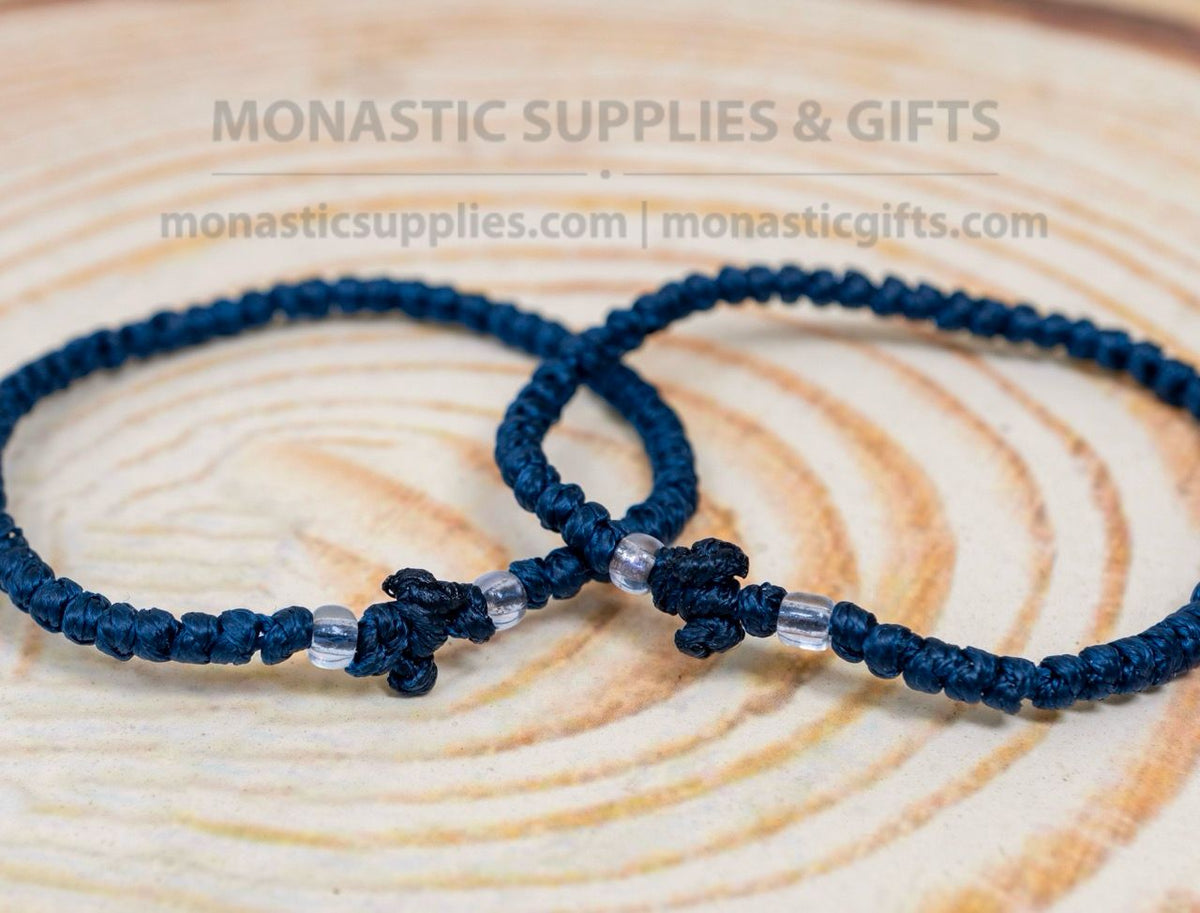 Prayer Rope Komboskini Bracelet with Knotted Cross and Clear Beads in Navy Blue - Orthodox - Waxed Cord - 50 Knots - 1 Piece