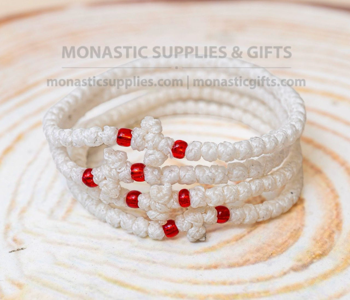 Prayer rope komboskini bracelet 1 piece with 50 knots knotted cross and red beads in white waxed cord orthodox made in Greece