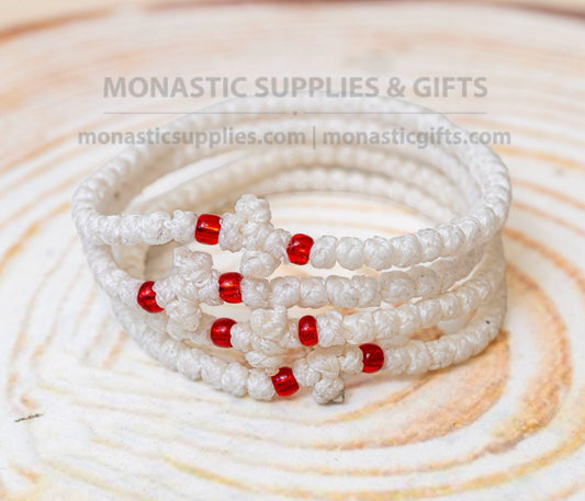 Prayer rope komboskini bracelet 1 piece with 50 knots knotted cross and red beads in white waxed cord orthodox made in Greece
