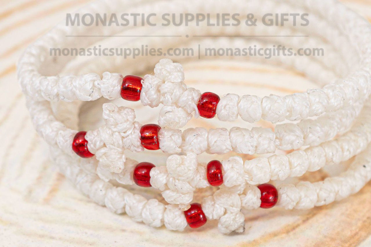 Prayer rope komboskini bracelet 1 piece with 50 knots knotted cross and red beads in white waxed cord orthodox made in Greece