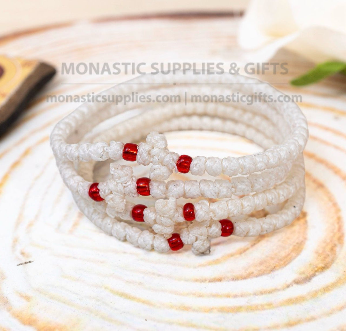 Prayer rope komboskini bracelet 1 piece with 50 knots knotted cross and red beads in white waxed cord orthodox made in Greece