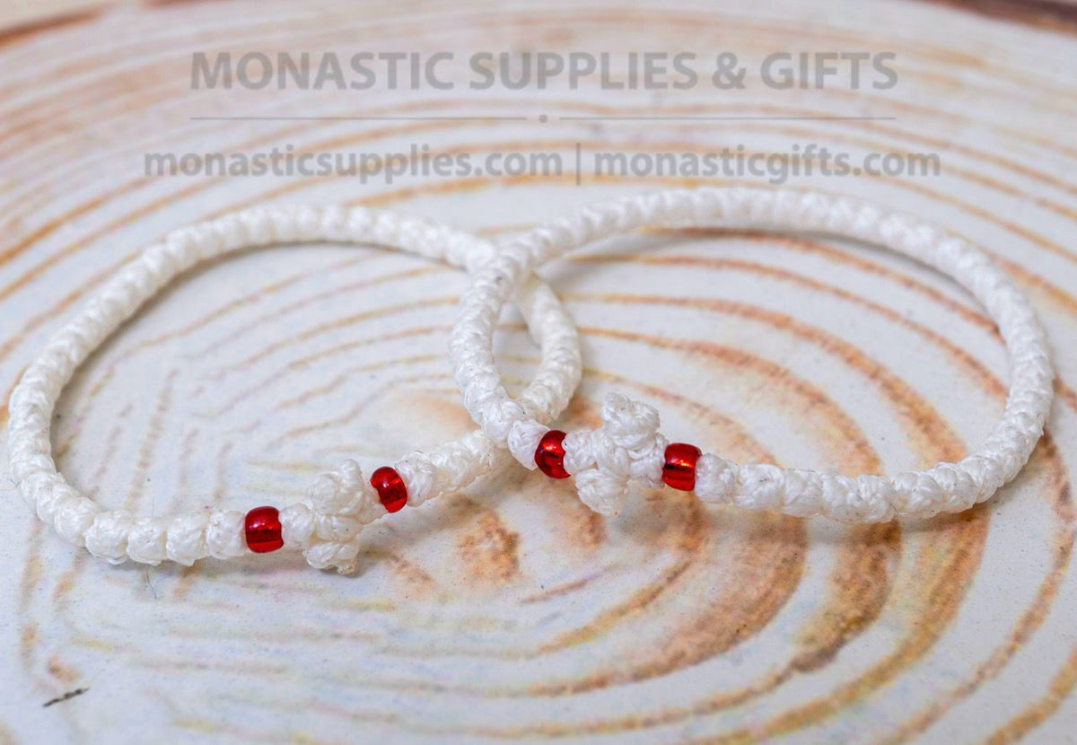 Prayer rope komboskini bracelet 1 piece with 50 knots knotted cross and red beads in white waxed cord orthodox made in Greece