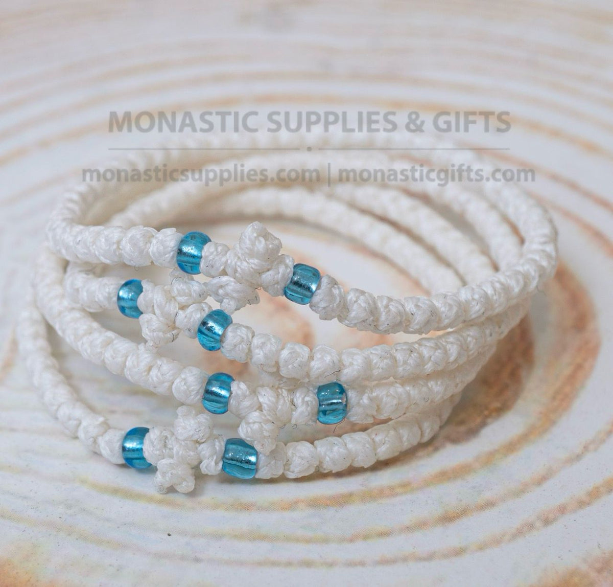 Prayer rope komboskini bracelet 1 piece with 50 knots knotted cross and blue beads in white waxed cord orthodox made in Greece