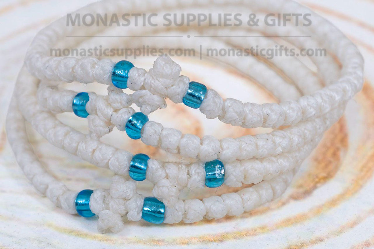 Prayer rope komboskini bracelet 1 piece with 50 knots knotted cross and blue beads in white waxed cord orthodox made in Greece
