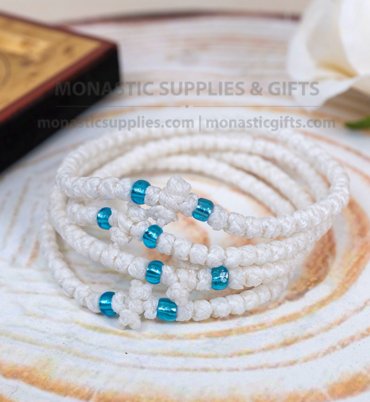 Prayer rope komboskini bracelet 1 piece with 50 knots knotted cross and blue beads in white waxed cord orthodox made in Greece