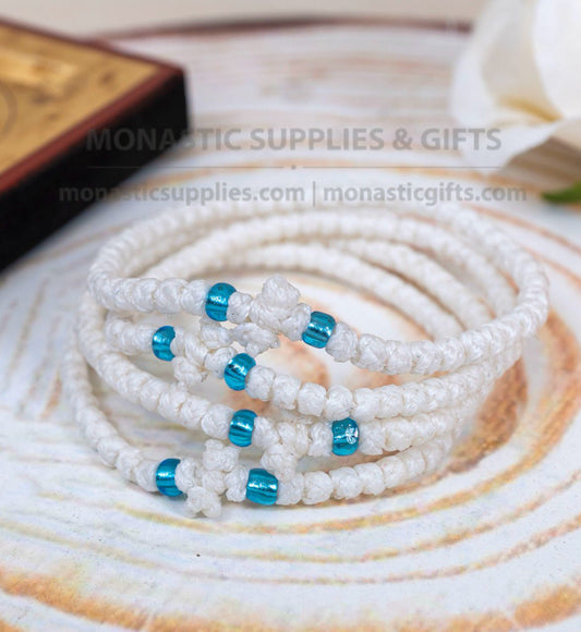 Prayer rope komboskini bracelet 1 piece with 50 knots knotted cross and blue beads in white waxed cord orthodox made in Greece