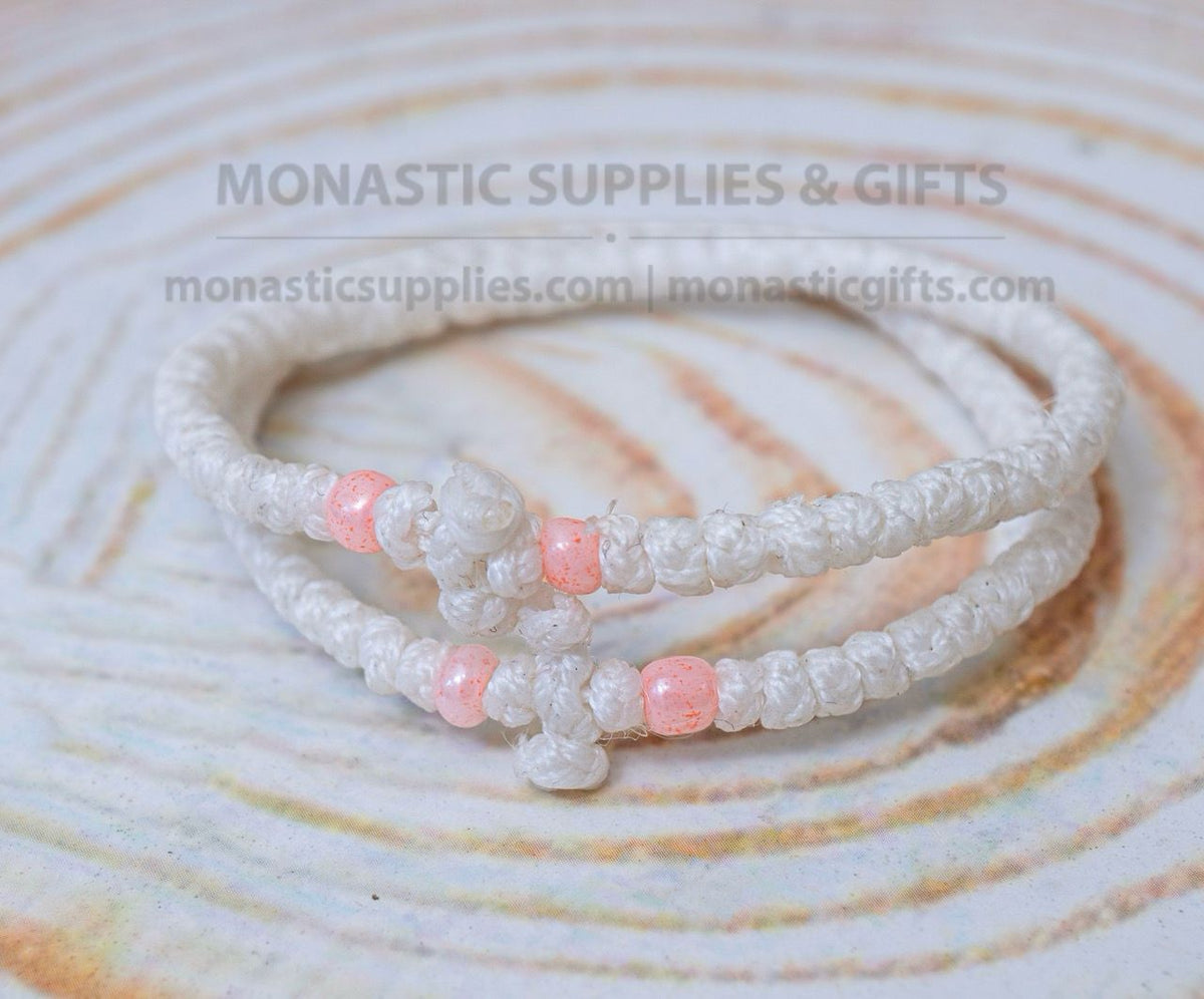 Prayer rope komboskini bracelet 1 piece with 50 knots knotted cross and pastel pink beads in white waxed cord orthodox made in Greece