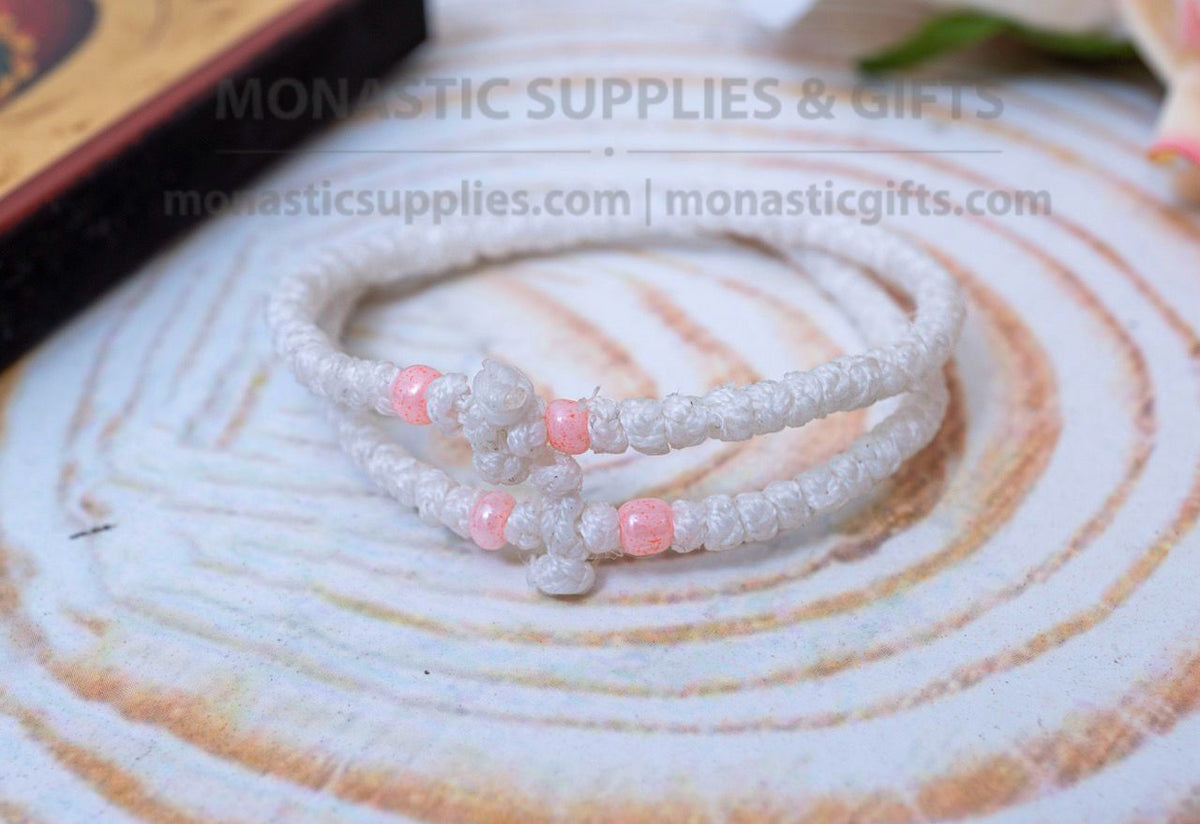 Prayer rope komboskini bracelet 1 piece with 50 knots knotted cross and pastel pink beads in white waxed cord orthodox made in Greece