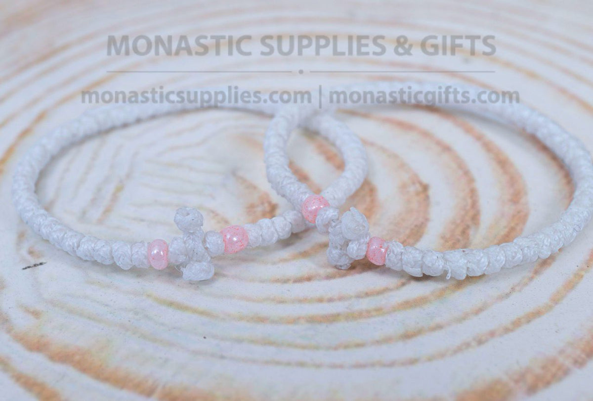 Prayer Rope Komboskini Bracelet with Knotted Cross and Pastel Pink Beads in White - Orthodox - Waxed Cord - 50 Knots - 1 Piece
