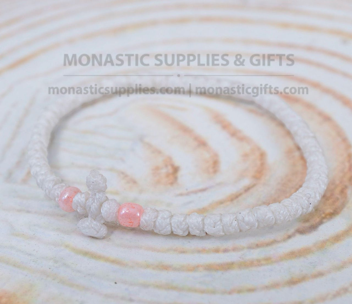 Prayer Rope Komboskini Bracelet with Knotted Cross and Pastel Pink Beads in White - Orthodox - Waxed Cord - 50 Knots - 1 Piece