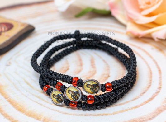 Prayer rope komboskini bracelet 1 piece with 50 knots saint david double sided icon and amber red beads in black waxed cord orthodox made in Greece