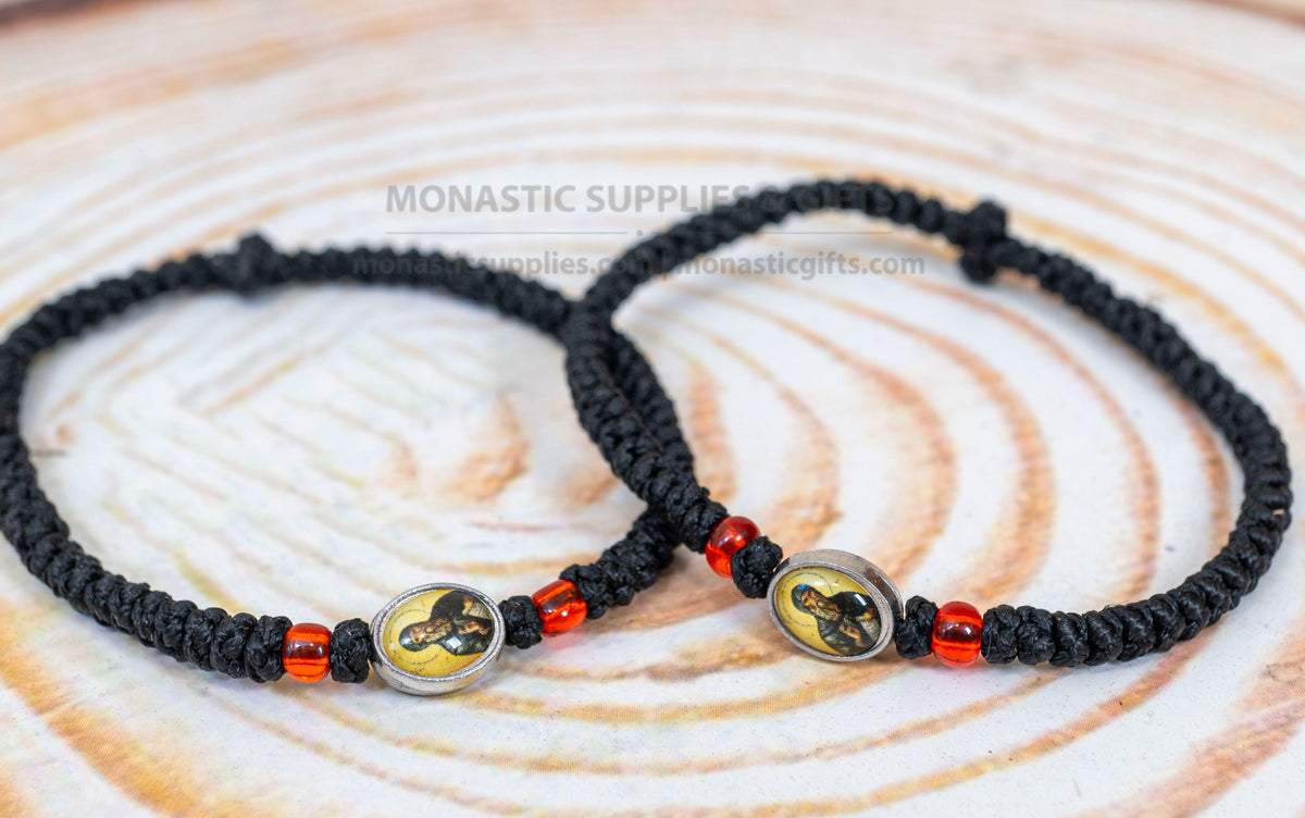 Prayer rope komboskini bracelet 1 piece with 50 knots saint david double sided icon and amber red beads in black waxed cord orthodox made in Greece